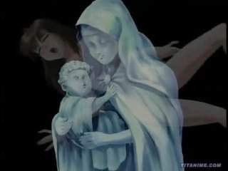 Збуджена аніме черниця з великий соковита великі груди отримує закачується в її незаймана манда
