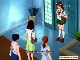 Оградено аниме смесени момичета момчета с а muzzle получава вибратор в тя wetpussy