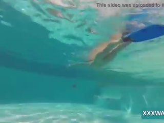 মহান ইউরোপীয় মেয়ে প্রহরা মিছরি swims নিচের পানি